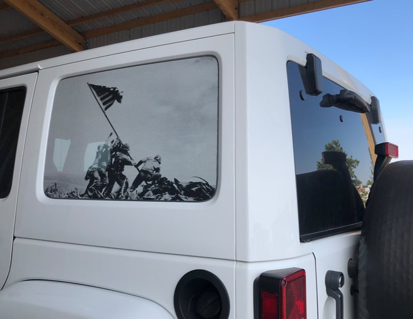 FM Creations Perforated Vehicle Window Decals - Exterior Jeep with Patriotic Photo Decal in Southeastern Montana, USA
